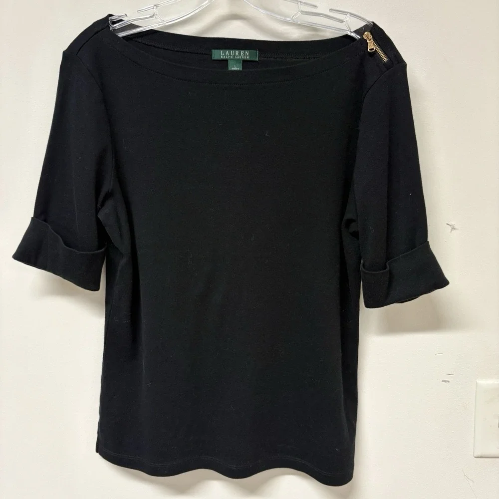 Lauren Ralph Lauren Black Boat Neck Zipper Accent Cotton Top  Size LG Nautical - Picture 3 of 6